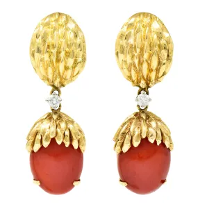 1960's Coral Diamond 18 Karat Two-Tone Gold Textured Vintage Drop Earrings