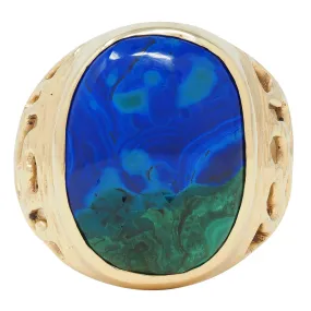 1970's Azurmalachite 14 Karat Gold Textured Vintage Unisex Men's Signet Ring