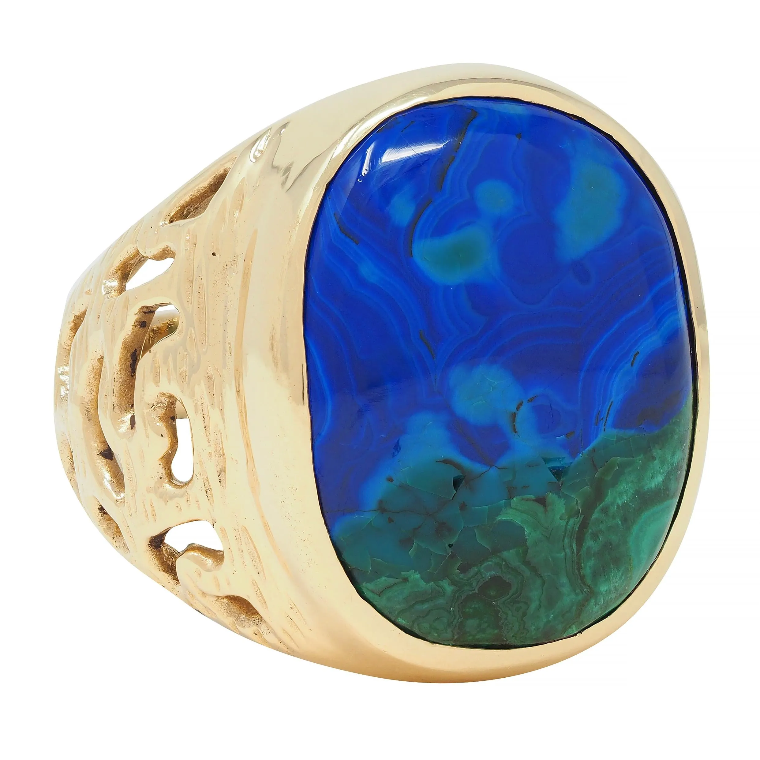 1970's Azurmalachite 14 Karat Gold Textured Vintage Unisex Men's Signet Ring