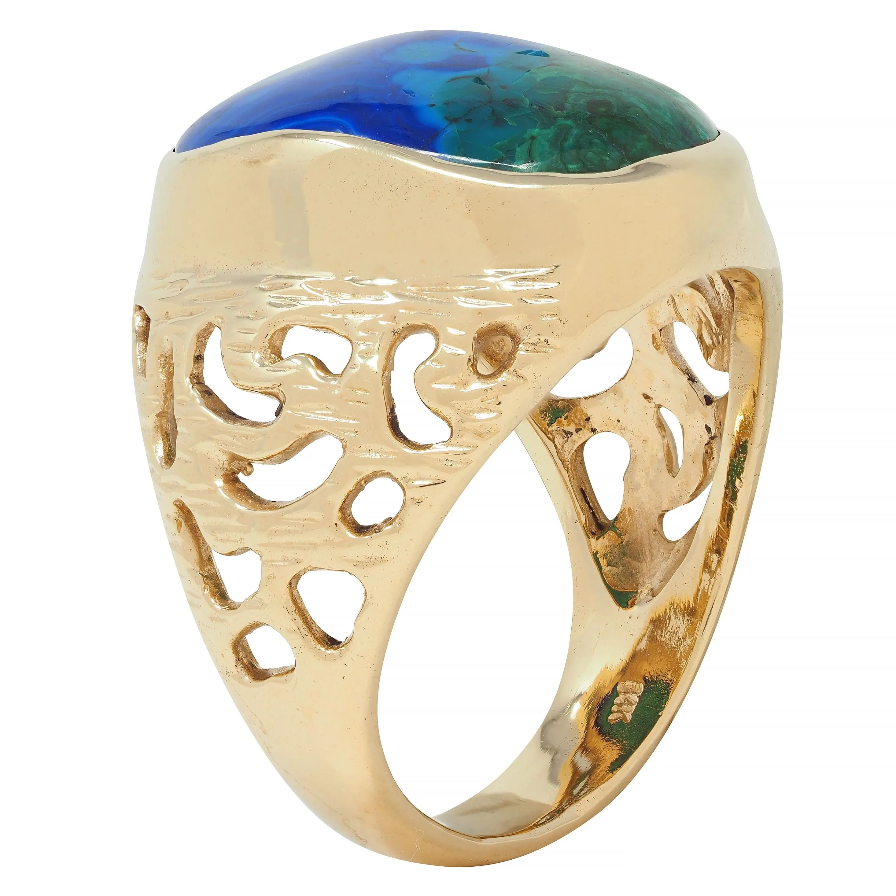 1970's Azurmalachite 14 Karat Gold Textured Vintage Unisex Men's Signet Ring