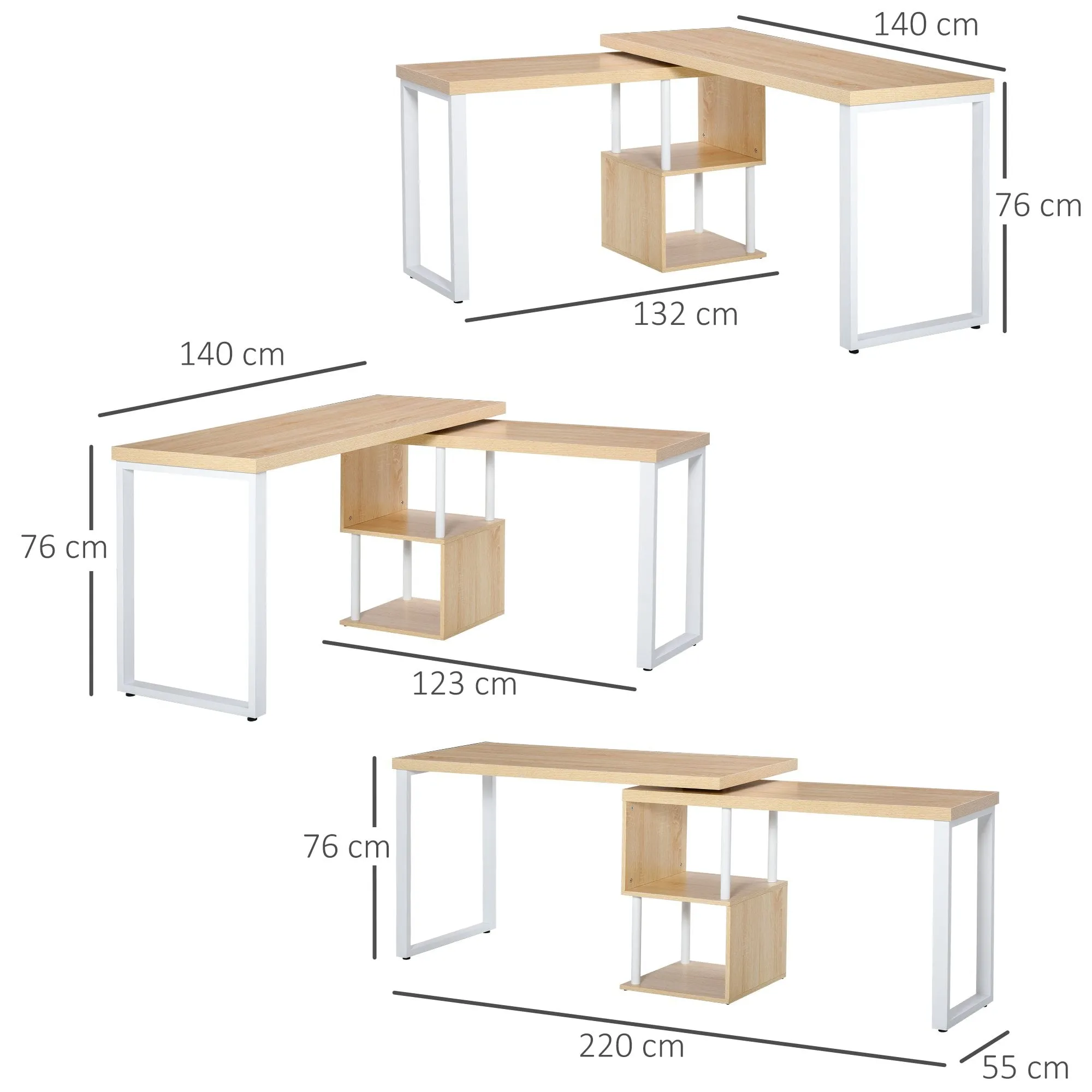 360 Degree Rotating Corner Desk L-Shaped PC Workstation Student Writing Table with Storage Shelf Home Office Oak Tone Computer