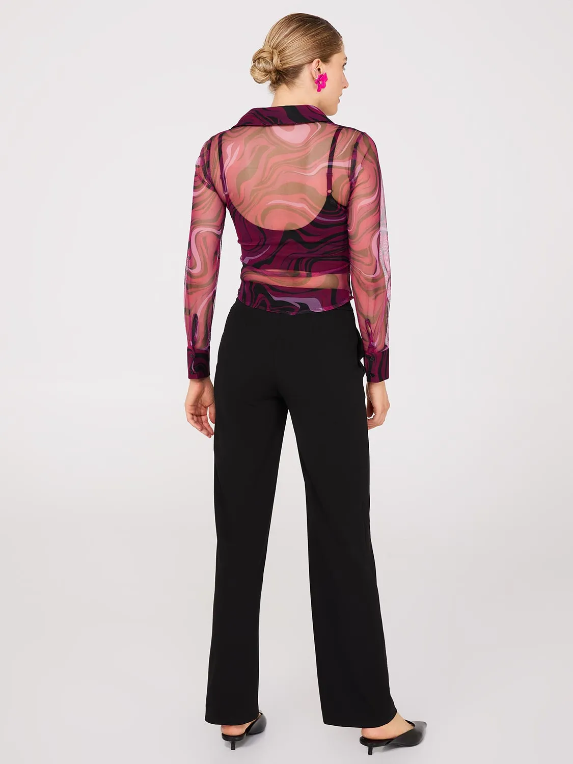 Abstract Print Ruched Button-Front Mesh Blouse