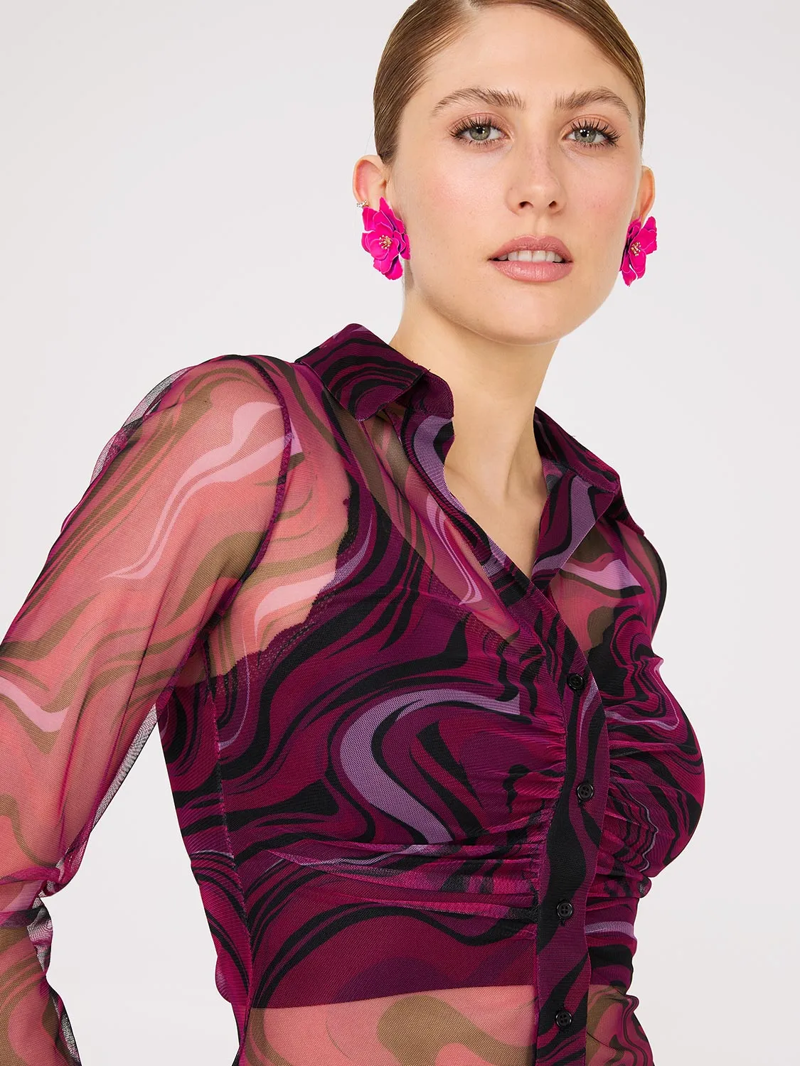 Abstract Print Ruched Button-Front Mesh Blouse