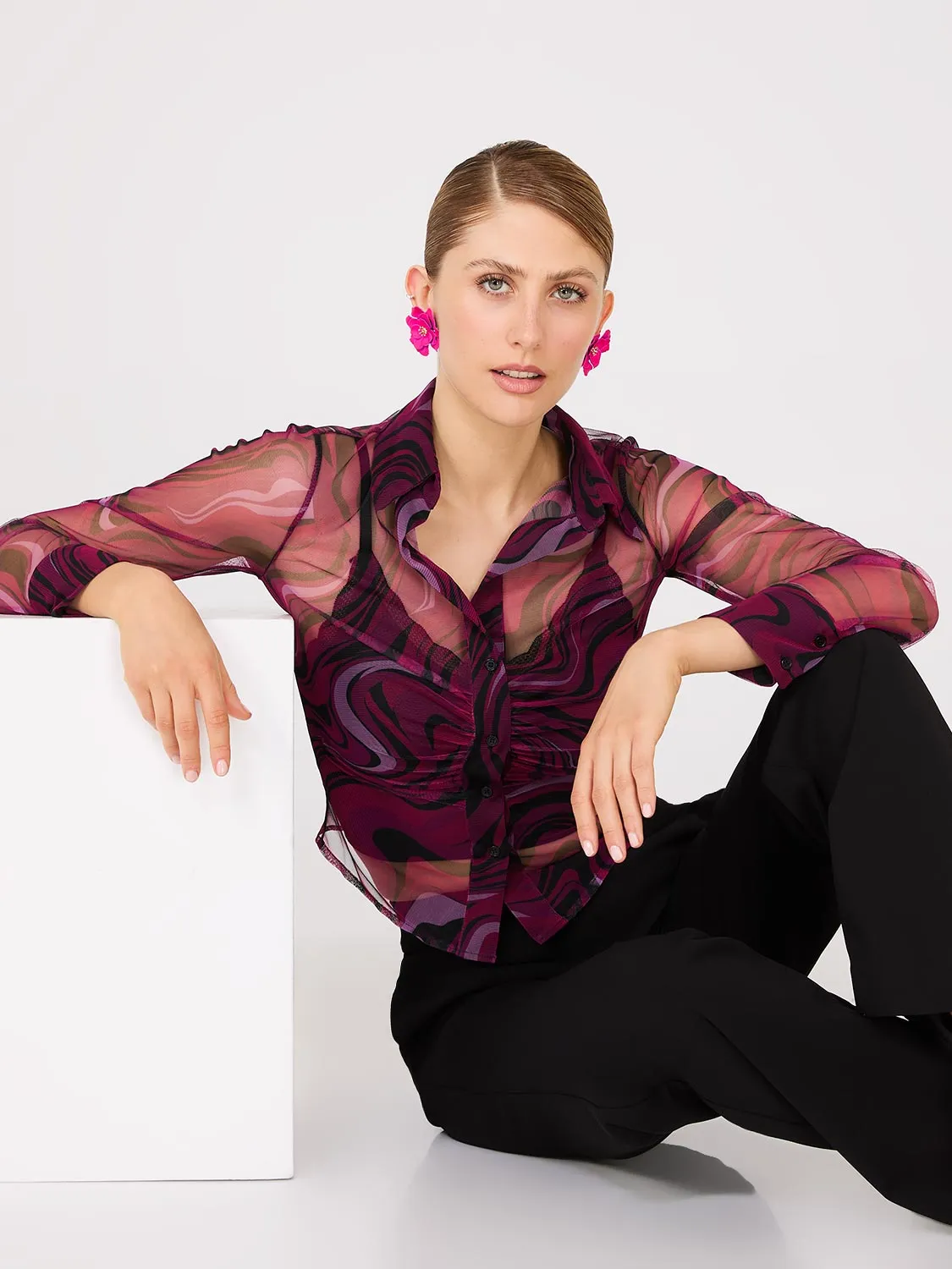 Abstract Print Ruched Button-Front Mesh Blouse