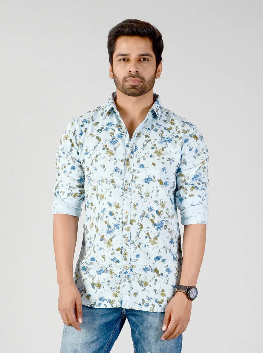 Aqua Blue Printed Slim Fit Casual Shirt | JadeBlue