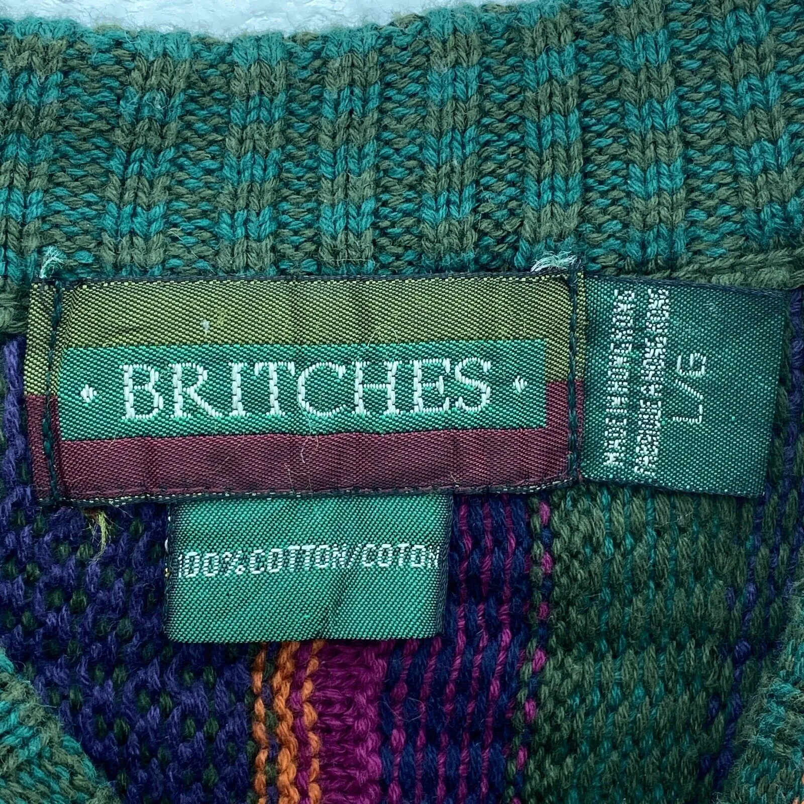 Britches Vintage 3D Textured Jacquard Knit Green Crew Neck Sweater Size L