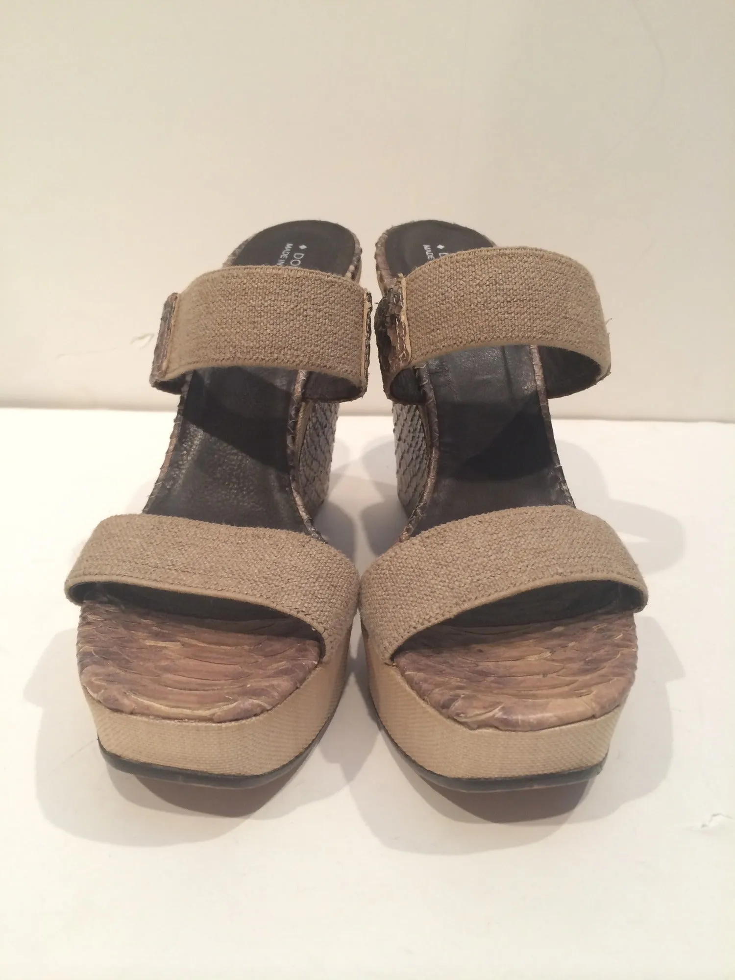 DONALD J PLINER Taupe Snake Skin and Canvas 'SINDY' Slide Wedges Style Size 40