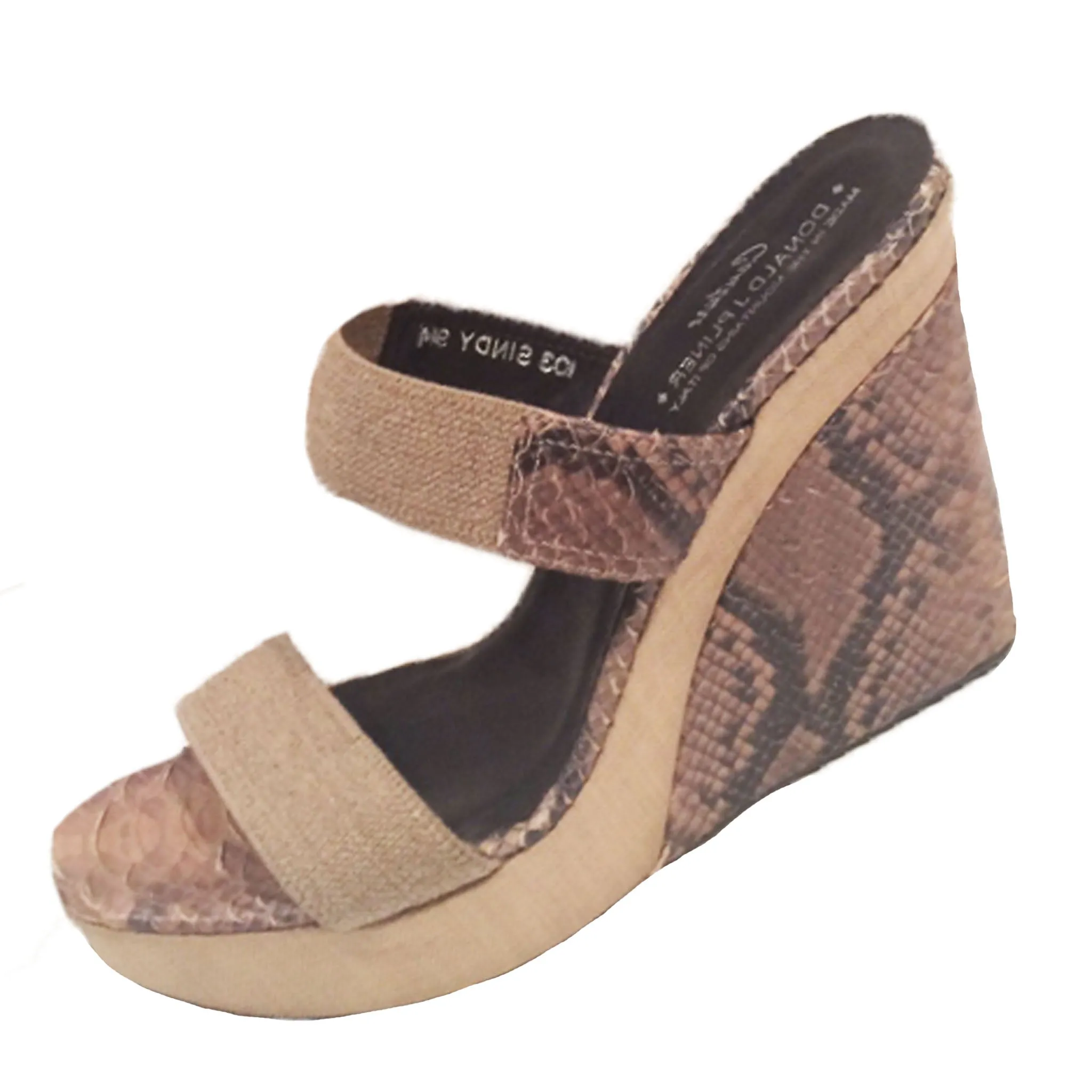 DONALD J PLINER Taupe Snake Skin and Canvas 'SINDY' Slide Wedges Style Size 40