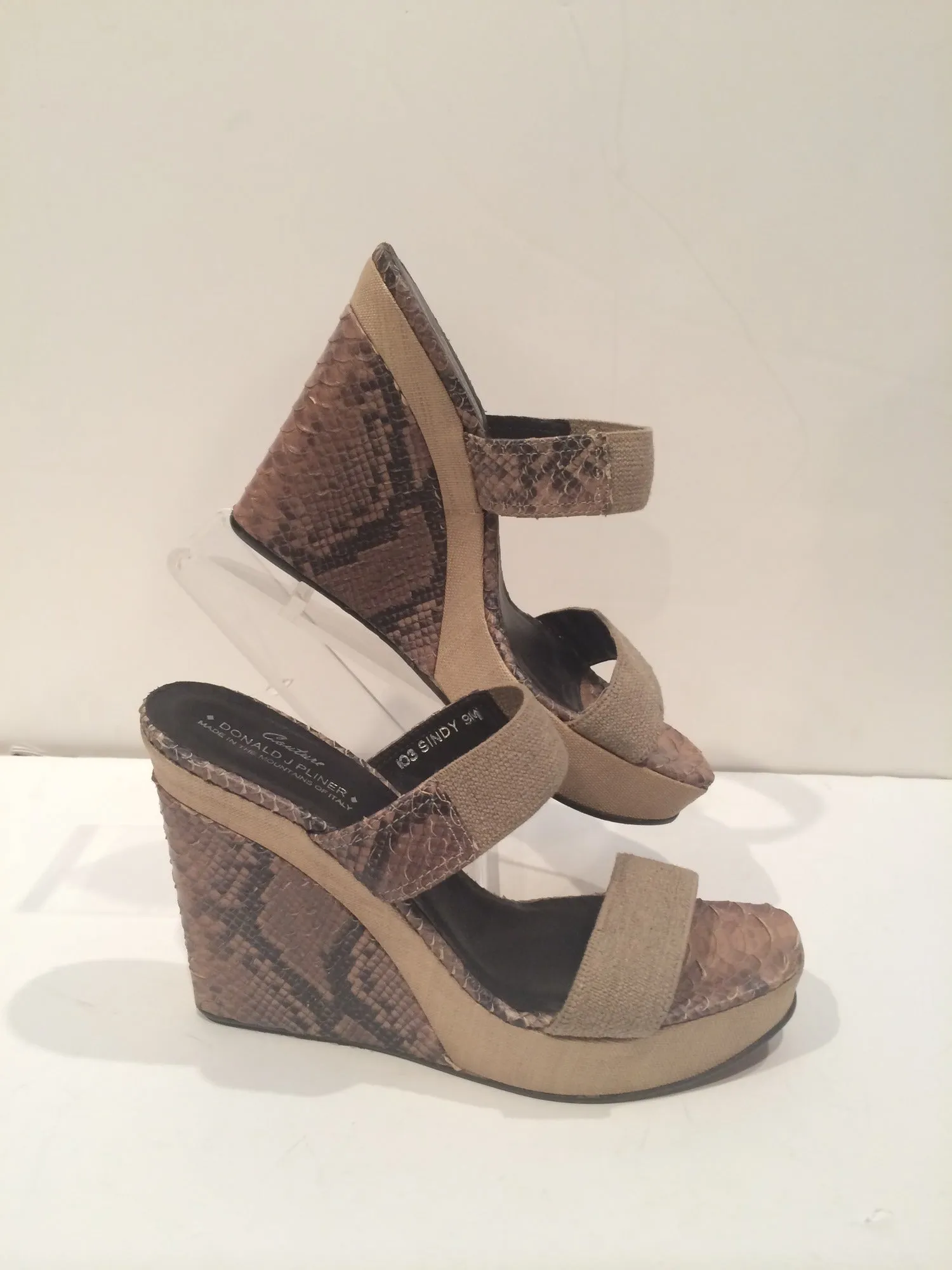 DONALD J PLINER Taupe Snake Skin and Canvas 'SINDY' Slide Wedges Style Size 40