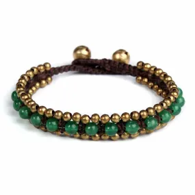 Green Aventurine Beads and Brass Bells Boho Bracelet