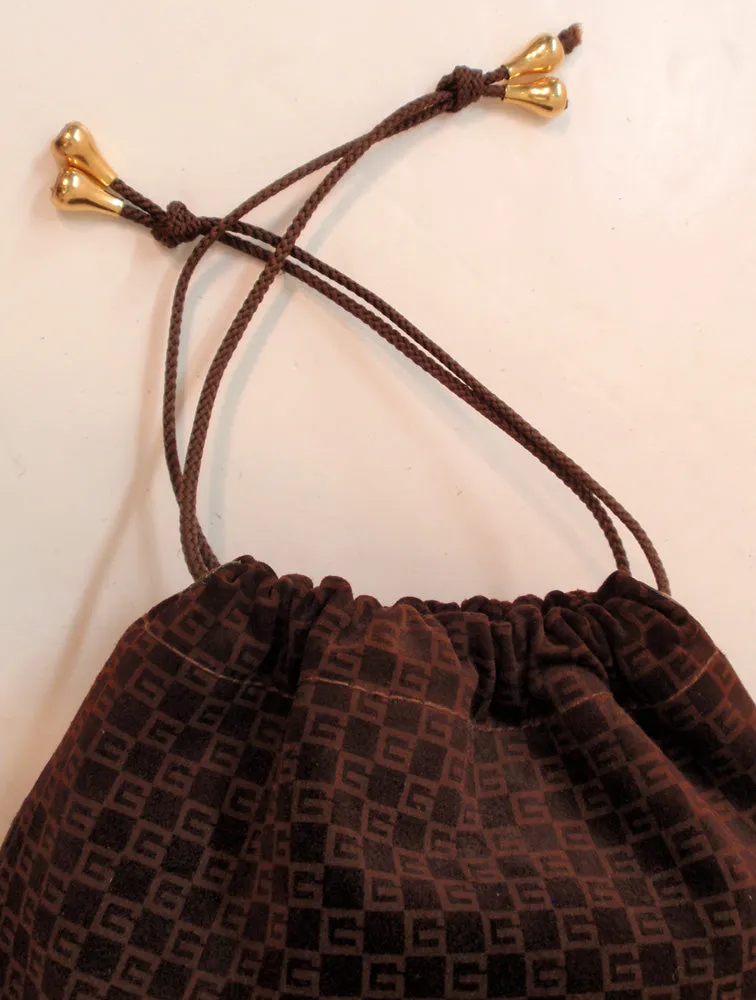 GUCCI Logo Brown Suede Drawstring Bag w/ Gold Hardware