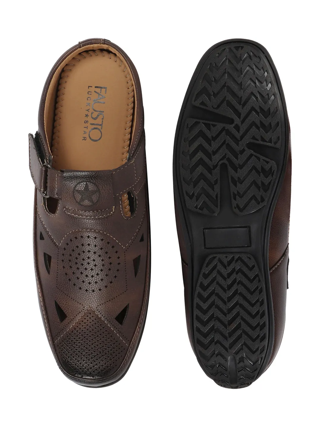 Men Brown Back Open Perforated Breathable Formal Sandal|Adujstable Strap Stitched Slip On Sandal