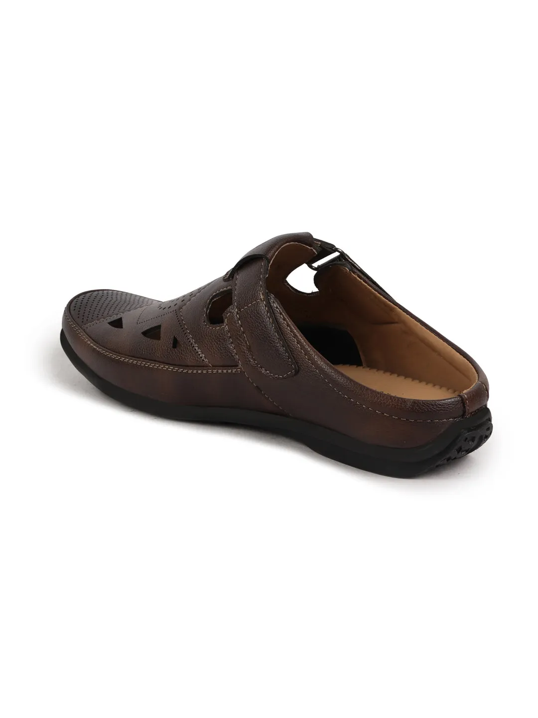 Men Brown Back Open Perforated Breathable Formal Sandal|Adujstable Strap Stitched Slip On Sandal