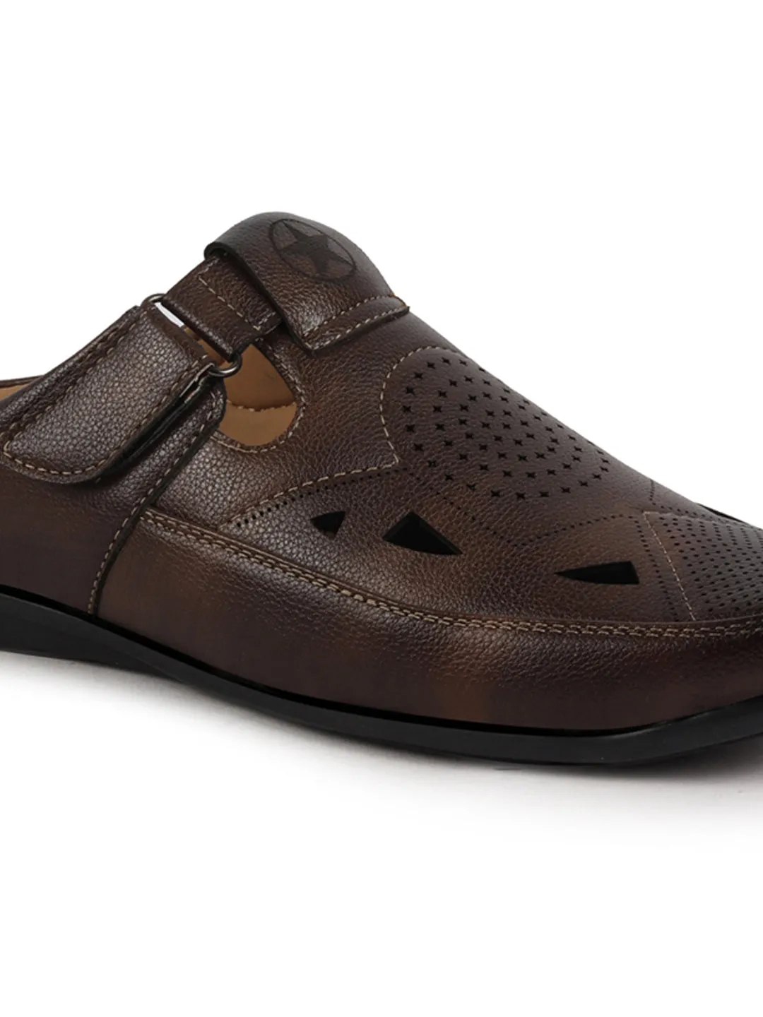 Men Brown Back Open Perforated Breathable Formal Sandal|Adujstable Strap Stitched Slip On Sandal