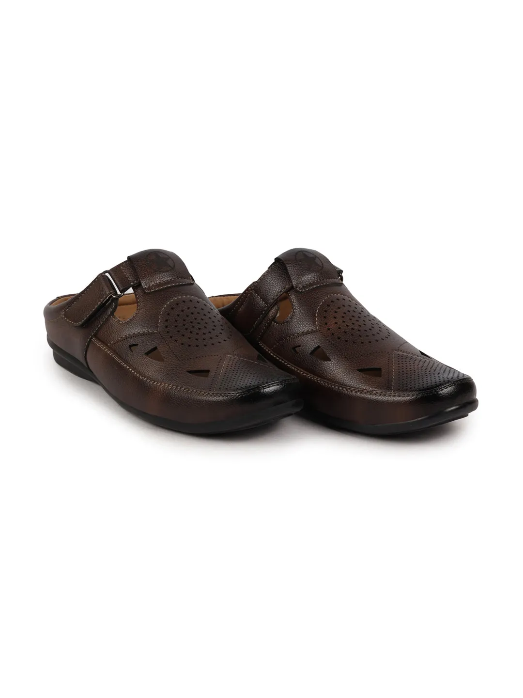 Men Brown Back Open Perforated Breathable Formal Sandal|Adujstable Strap Stitched Slip On Sandal