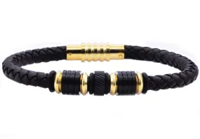 Mens Black Leather Gold Stainless Steel Bracelet