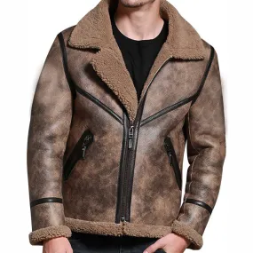 Men's Brown B3 Pilot Aviator Sheepskin Shearling Bomber Jacket