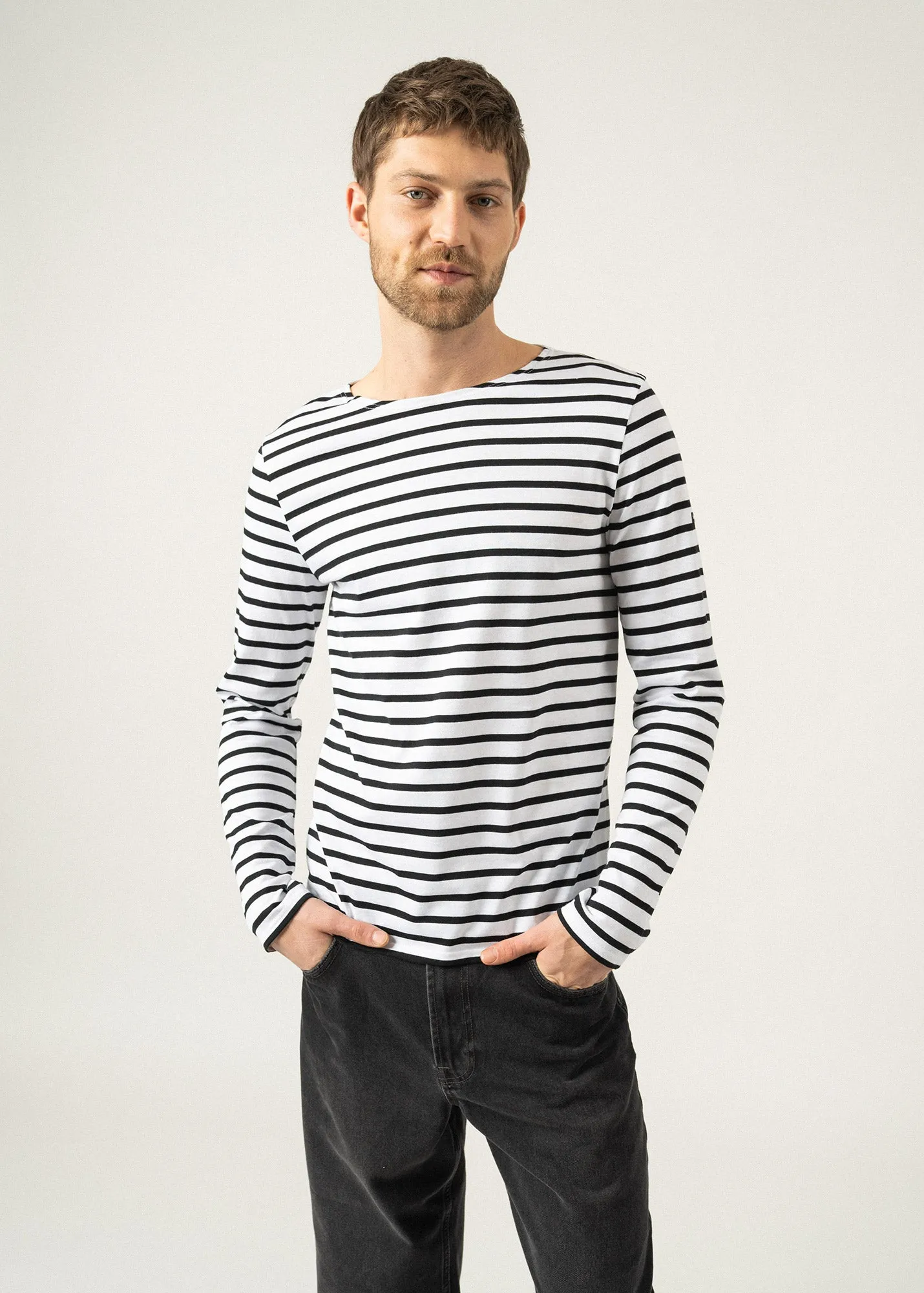 MINQUIERS MODERN - Authentic Breton Stripe Shirt | Soft Cotton | Men Fit (WHITE / BLACK)