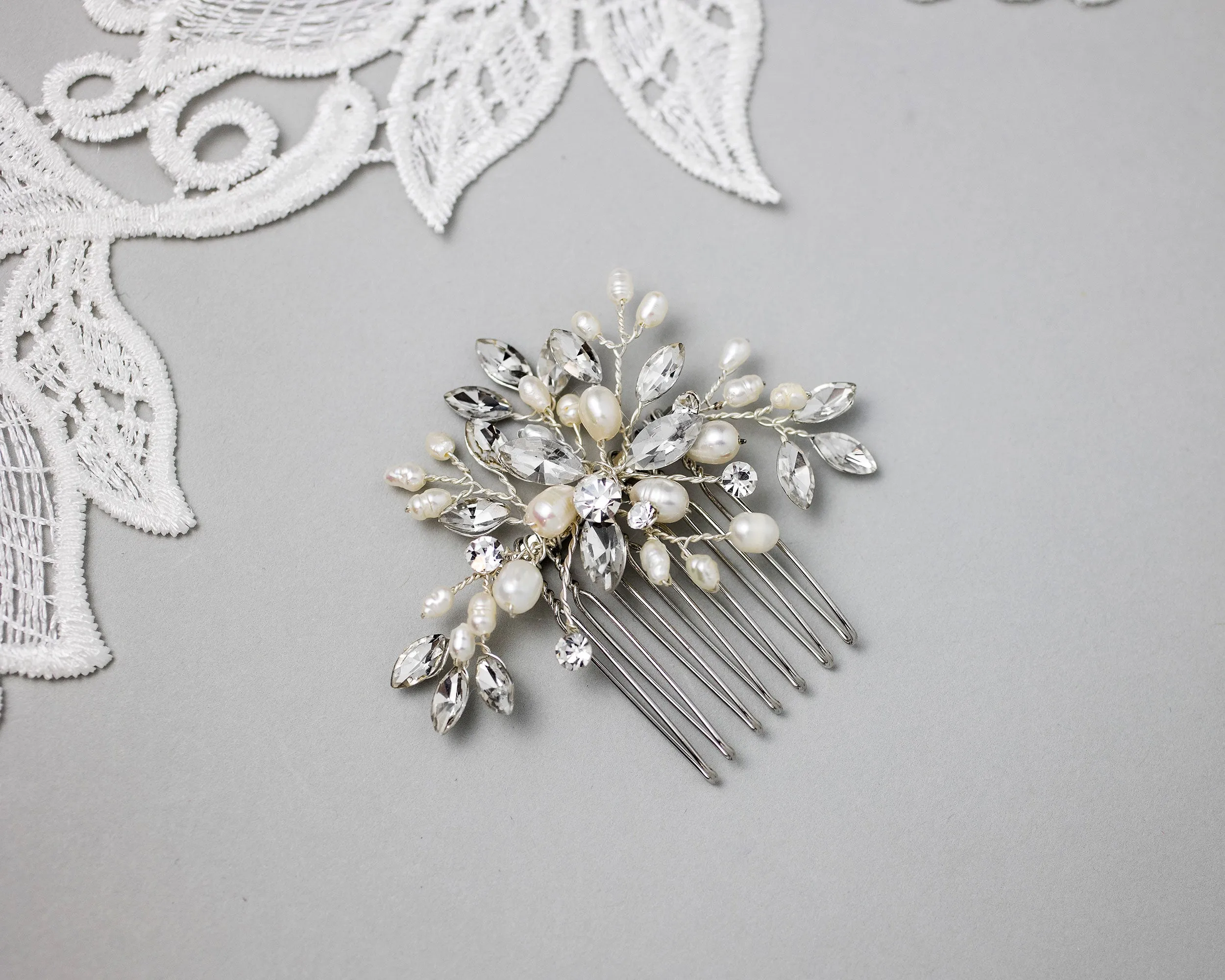 Petite Cultured Pearl and Rhinestone Bridal Hair Comb