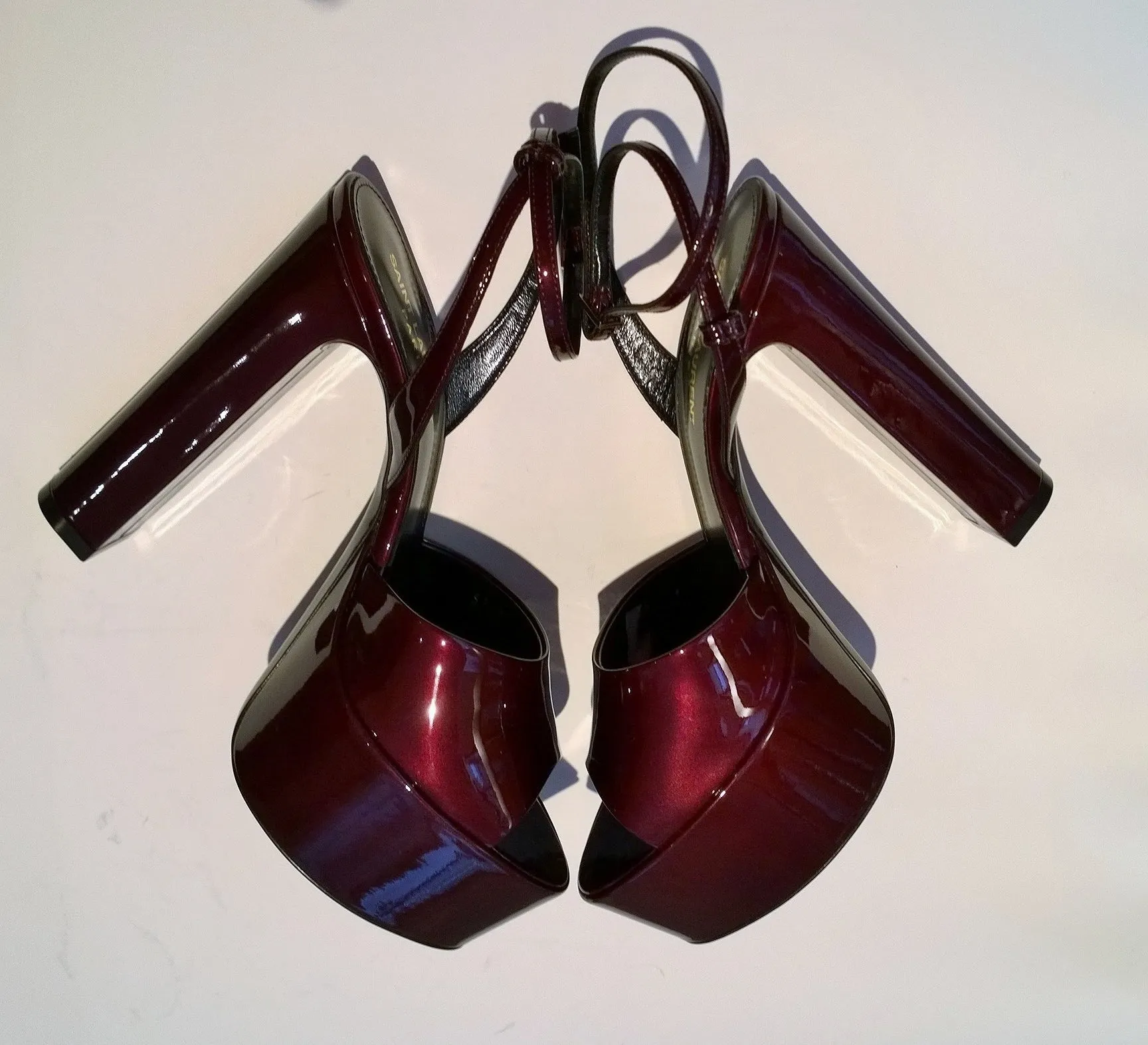 Saint Laurent Jodie Sparkling Burgundy Patent Platform Sandals Heels