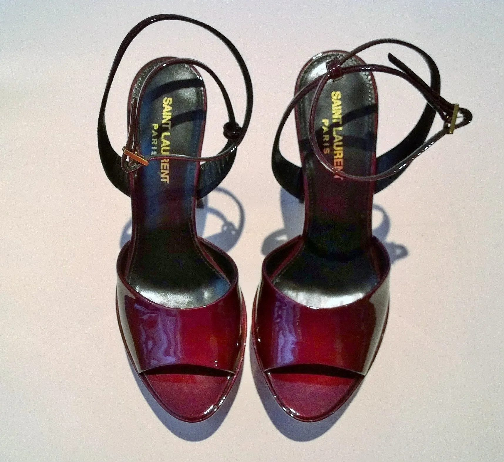 Saint Laurent Jodie Sparkling Burgundy Patent Platform Sandals Heels