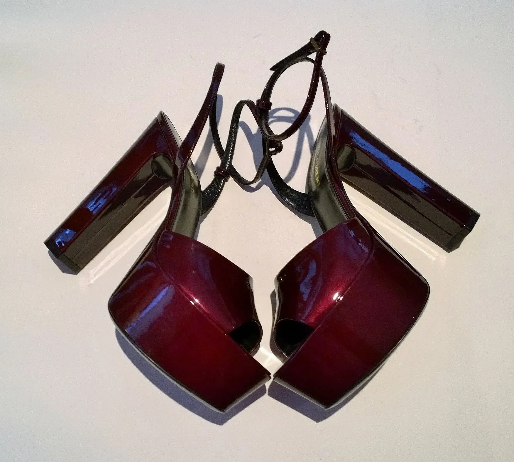 Saint Laurent Jodie Sparkling Burgundy Patent Platform Sandals Heels