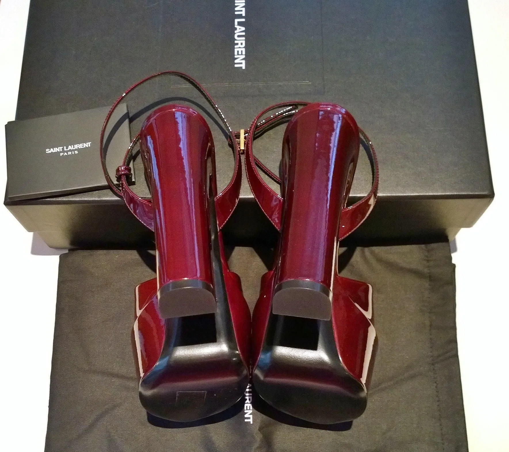 Saint Laurent Jodie Sparkling Burgundy Patent Platform Sandals Heels