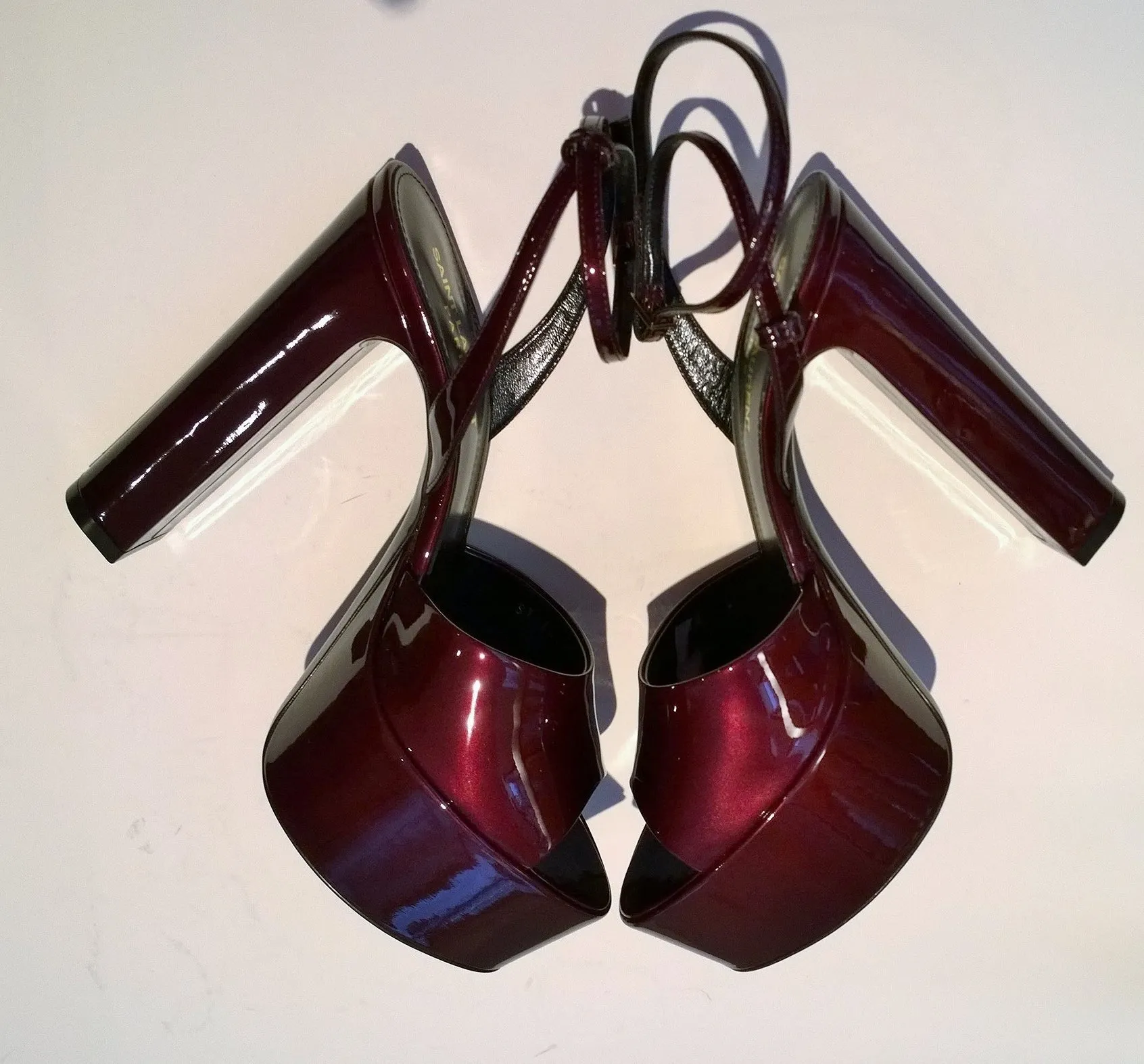 Saint Laurent Jodie Sparkling Burgundy Patent Platform Sandals Heels