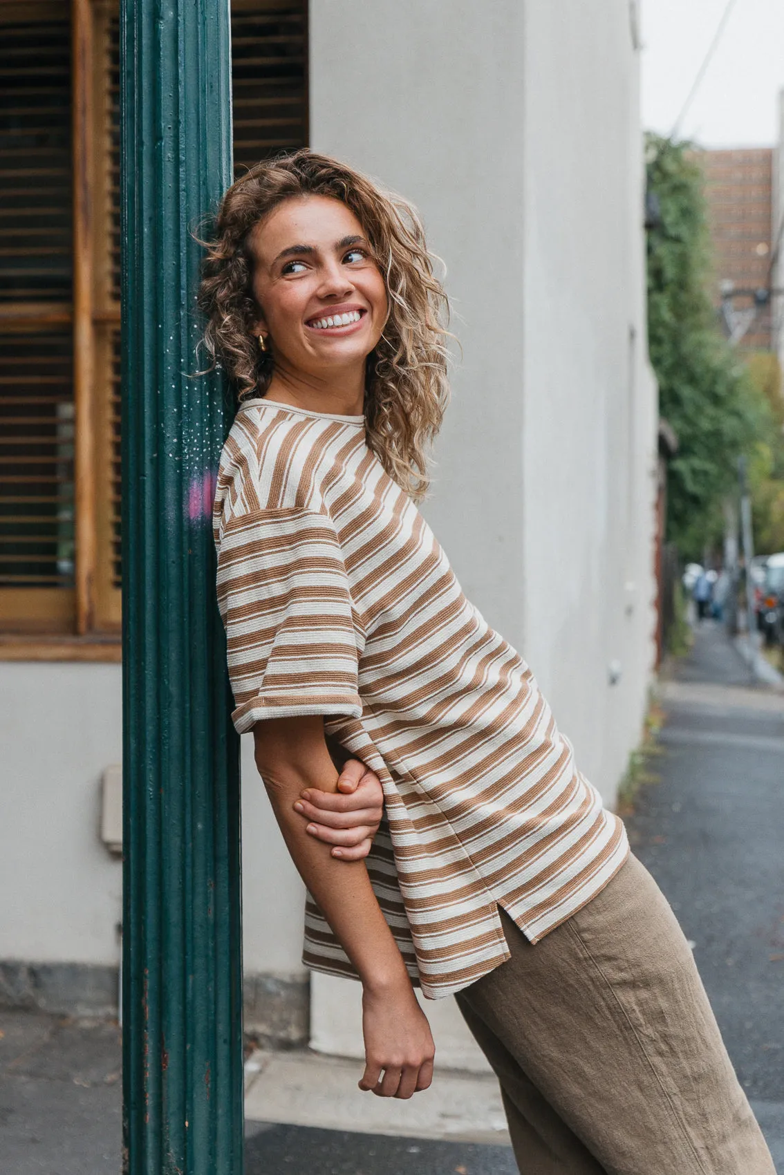 Striped Textured Unisex T-shirt - Brown and Cream